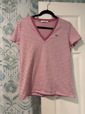 Lacoste Perfect Pink 🩷 and White Striped V-Neck Short Sleeve Tee